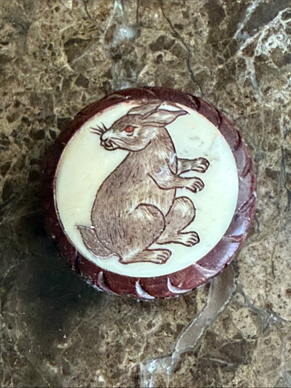 Handmade Bunny Carved bead -Brown & Cream brown leather cord includesd